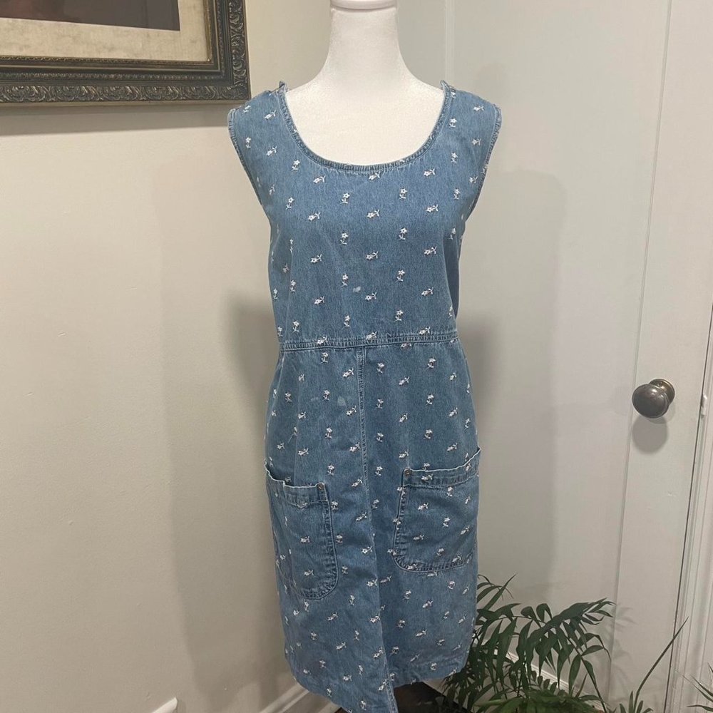 Vintage 90’s Denim Dress with White Embroidered Flowers and Wide Front Pockets
